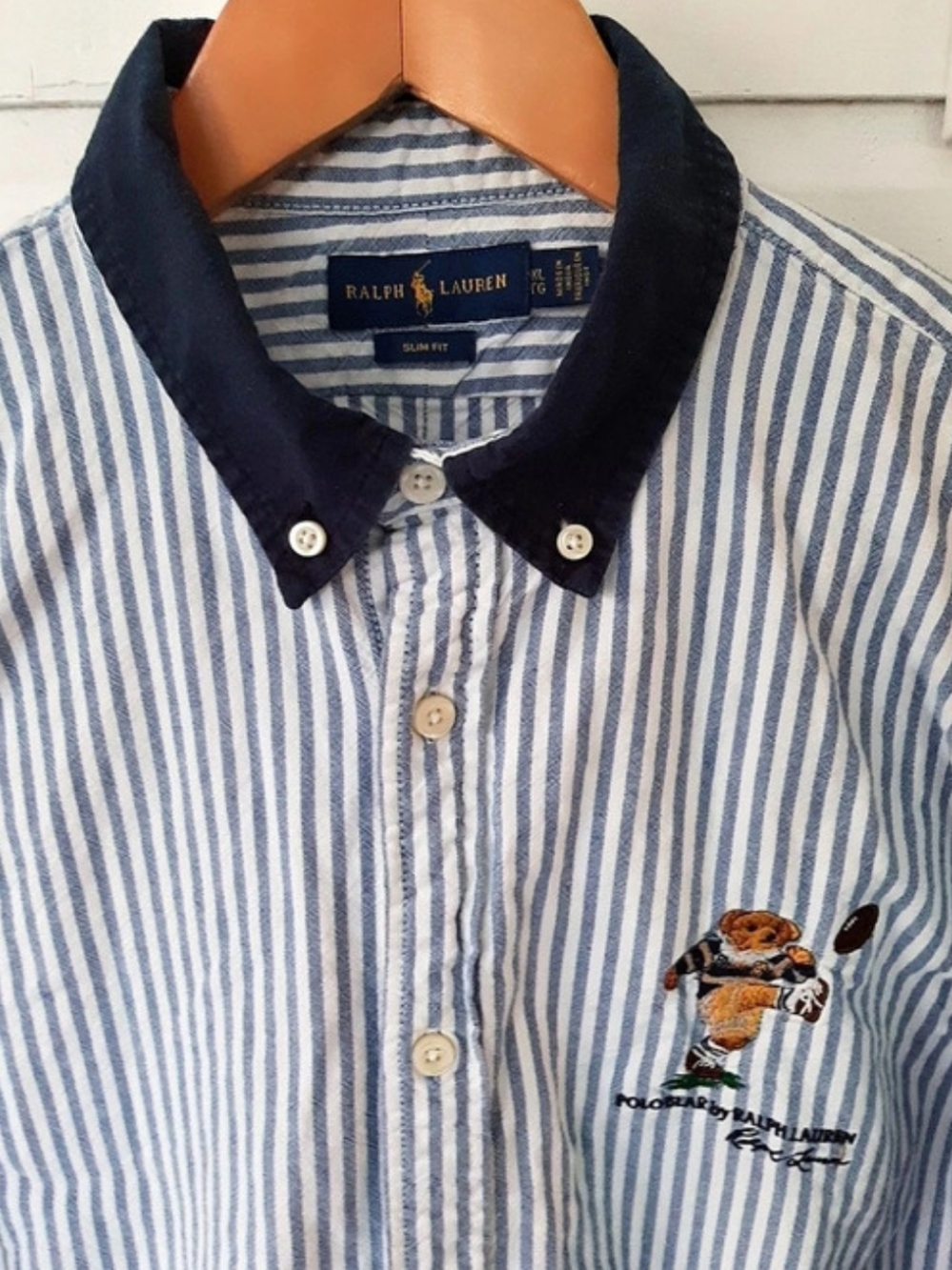Men’s Polo Ralph Lauren Embroidered Polo Bear Kicking Football XL Striped Shirt